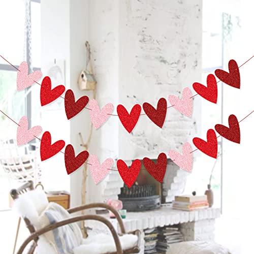XIANMU 2 Pack Glittery Heart Banner Garland Valentines Day Decorations Pre-Strung Romantic Heart Bunting for Anniversary Wedding Engagement Birthday Baby Shower Party Decoration 3 Colors