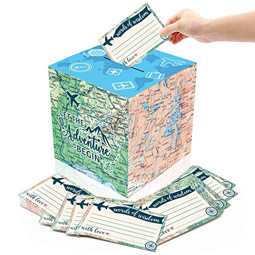 51PCS Adventure Card Box Holder and Advice Cards for Adventure Awaits Bon Voyage Farewell Travel Themed Birthday Graduation Retirement Job Career Change Party Decorations Supplies