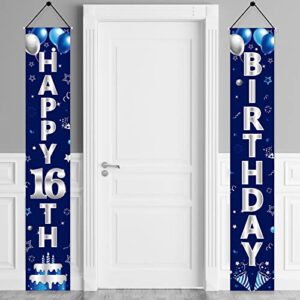 blue silver 16th birthday door banner decorations, happy 16 birthday party porch sign supplies for boys, sweet 16 year old birthday party décor