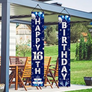 Blue Silver 16th Birthday Door Banner Decorations, Happy 16 Birthday Party Porch Sign Supplies for Boys, Sweet 16 Year Old Birthday Party DéCor