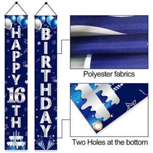 Blue Silver 16th Birthday Door Banner Decorations, Happy 16 Birthday Party Porch Sign Supplies for Boys, Sweet 16 Year Old Birthday Party DéCor