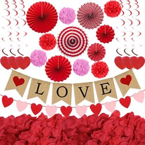 jofan valentines day decor kit with 1 love banner, 1 hearts felt garland, 6 paper fans, 6 paper flower balls, 6 hanging swirls, 200 rose petals for valentines day decorations wedding party supplies