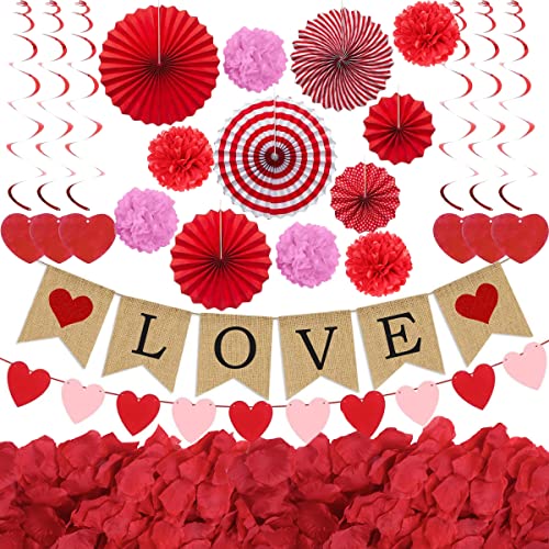 Jofan Valentines Day Decor Kit with 1 LOVE Banner, 1 Hearts Felt Garland, 6 Paper Fans, 6 Paper Flower Balls, 6 Hanging Swirls, 200 Rose Petals for Valentines Day Decorations Wedding Party Supplies