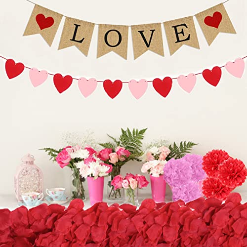 Jofan Valentines Day Decor Kit with 1 LOVE Banner, 1 Hearts Felt Garland, 6 Paper Fans, 6 Paper Flower Balls, 6 Hanging Swirls, 200 Rose Petals for Valentines Day Decorations Wedding Party Supplies