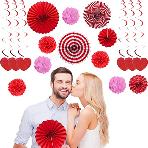 Jofan Valentines Day Decor Kit with 1 LOVE Banner, 1 Hearts Felt Garland, 6 Paper Fans, 6 Paper Flower Balls, 6 Hanging Swirls, 200 Rose Petals for Valentines Day Decorations Wedding Party Supplies