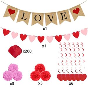 Jofan Valentines Day Decor Kit with 1 LOVE Banner, 1 Hearts Felt Garland, 6 Paper Fans, 6 Paper Flower Balls, 6 Hanging Swirls, 200 Rose Petals for Valentines Day Decorations Wedding Party Supplies