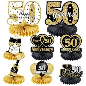 8pcs 50th anniversary decorations table honeycomb centerpieces party supplies, happy 50th wedding anniversary table sign, black gold 50 year anniversary theme decor