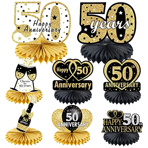 8pcs 50th Anniversary Decorations Table Honeycomb Centerpieces Party Supplies, Happy 50th Wedding Anniversary Table Sign, Black Gold 50 Year Anniversary Theme Decor