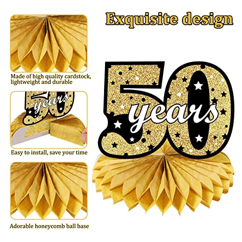 8pcs 50th Anniversary Decorations Table Honeycomb Centerpieces Party Supplies, Happy 50th Wedding Anniversary Table Sign, Black Gold 50 Year Anniversary Theme Decor