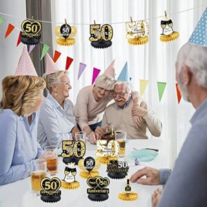 8pcs 50th Anniversary Decorations Table Honeycomb Centerpieces Party Supplies, Happy 50th Wedding Anniversary Table Sign, Black Gold 50 Year Anniversary Theme Decor