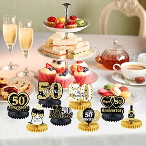 8pcs 50th Anniversary Decorations Table Honeycomb Centerpieces Party Supplies, Happy 50th Wedding Anniversary Table Sign, Black Gold 50 Year Anniversary Theme Decor