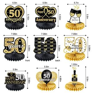 8pcs 50th Anniversary Decorations Table Honeycomb Centerpieces Party Supplies, Happy 50th Wedding Anniversary Table Sign, Black Gold 50 Year Anniversary Theme Decor