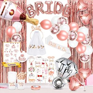 movinpe bachelorette party decorations, bride to be sash, veil, tiara, photo booth props, foil curtains, champagne ring balloon, cups, straws, tattoos, rose gold bridal shower party supplies decor