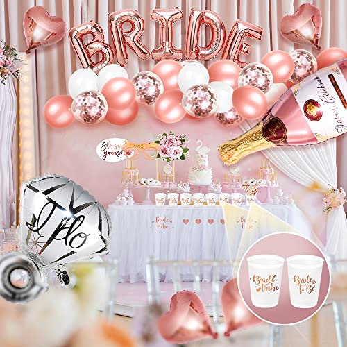 MOVINPE Bachelorette Party Decorations, Bride to Be Sash, Veil, Tiara, Photo Booth Props, Foil Curtains, Champagne Ring Balloon, Cups, Straws, Tattoos, Rose Gold Bridal Shower Party Supplies Decor