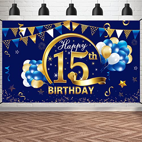 Happy 15th Birthday Banner Decorations for Boy - Blue Gold 15 Birthday Backdrop Party Supplies - 15 Year Old Birthday Photo Background Sign Decor