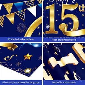 Happy 15th Birthday Banner Decorations for Boy - Blue Gold 15 Birthday Backdrop Party Supplies - 15 Year Old Birthday Photo Background Sign Decor