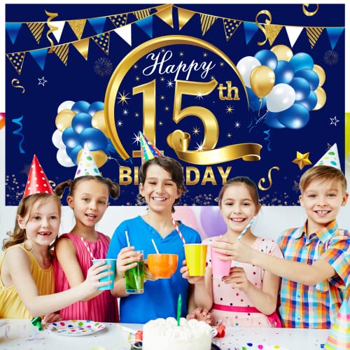 Happy 15th Birthday Banner Decorations for Boy - Blue Gold 15 Birthday Backdrop Party Supplies - 15 Year Old Birthday Photo Background Sign Decor