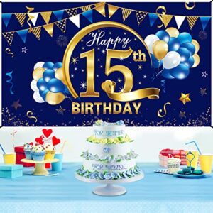 Happy 15th Birthday Banner Decorations for Boy - Blue Gold 15 Birthday Backdrop Party Supplies - 15 Year Old Birthday Photo Background Sign Decor