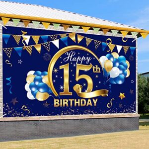 Happy 15th Birthday Banner Decorations for Boy - Blue Gold 15 Birthday Backdrop Party Supplies - 15 Year Old Birthday Photo Background Sign Decor