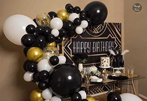 100pc EASY DIY – Black White Gold Balloon Garland Kit & Arch – Small and Large Black White and Gold Balloons with Confetti – Black and Gold Party Decorations for Graduations, New Years, Birthday