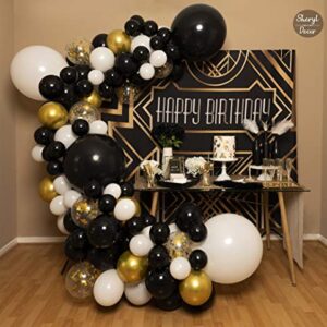 100pc EASY DIY – Black White Gold Balloon Garland Kit & Arch – Small and Large Black White and Gold Balloons with Confetti – Black and Gold Party Decorations for Graduations, New Years, Birthday