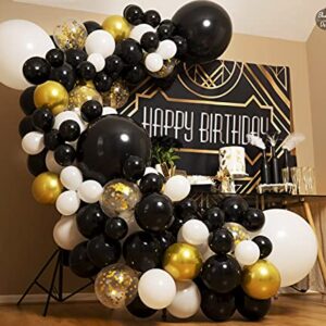 100pc EASY DIY – Black White Gold Balloon Garland Kit & Arch – Small and Large Black White and Gold Balloons with Confetti – Black and Gold Party Decorations for Graduations, New Years, Birthday