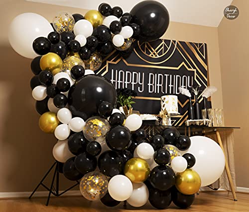 100pc EASY DIY – Black White Gold Balloon Garland Kit & Arch – Small and Large Black White and Gold Balloons with Confetti – Black and Gold Party Decorations for Graduations, New Years, Birthday