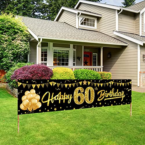 Happy 60th Birthday Banner Decorations for Men Women, Black Gold 60 Birthday Sign Party Supplies for Yard, Funny Sixty Birthday Party Backdrop Decor for Indoor Outdoor