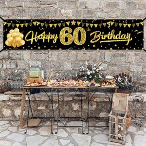 Happy 60th Birthday Banner Decorations for Men Women, Black Gold 60 Birthday Sign Party Supplies for Yard, Funny Sixty Birthday Party Backdrop Decor for Indoor Outdoor