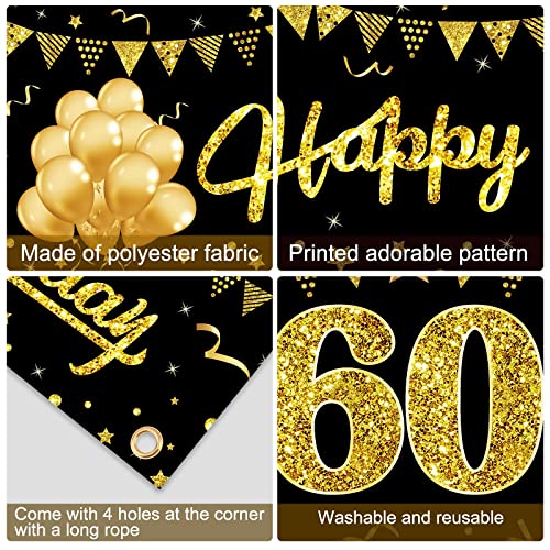 Happy 60th Birthday Banner Decorations for Men Women, Black Gold 60 Birthday Sign Party Supplies for Yard, Funny Sixty Birthday Party Backdrop Decor for Indoor Outdoor