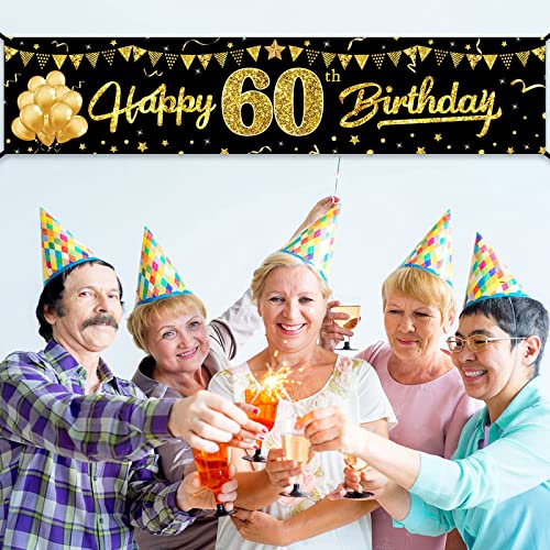 Happy 60th Birthday Banner Decorations for Men Women, Black Gold 60 Birthday Sign Party Supplies for Yard, Funny Sixty Birthday Party Backdrop Decor for Indoor Outdoor