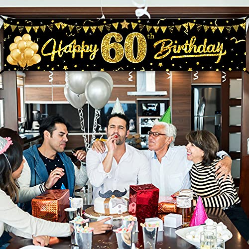 Happy 60th Birthday Banner Decorations for Men Women, Black Gold 60 Birthday Sign Party Supplies for Yard, Funny Sixty Birthday Party Backdrop Decor for Indoor Outdoor