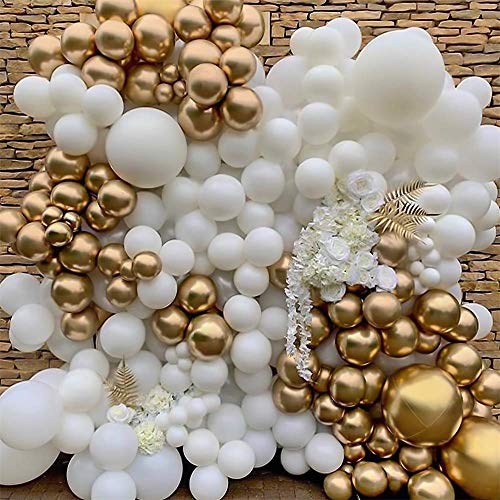 Nalwort White Balloon Kit 135PCS 18In 12In 5In Metallic Gold Balloon Arch Garland For Festival Picnic Family Engagement, Wedding, Birthday Party, Gold Theme Anniversary Celebration Decoration