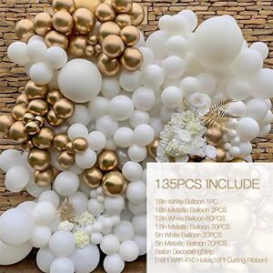 Nalwort White Balloon Kit 135PCS 18In 12In 5In Metallic Gold Balloon Arch Garland For Festival Picnic Family Engagement, Wedding, Birthday Party, Gold Theme Anniversary Celebration Decoration