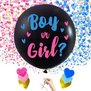 5pc premium jumbo 36 inch baby gender reveal balloon kit | big black balloons with pink and blue heart shape confetti | baby shower party supplies pack, gender reveal decorations for boy or girl