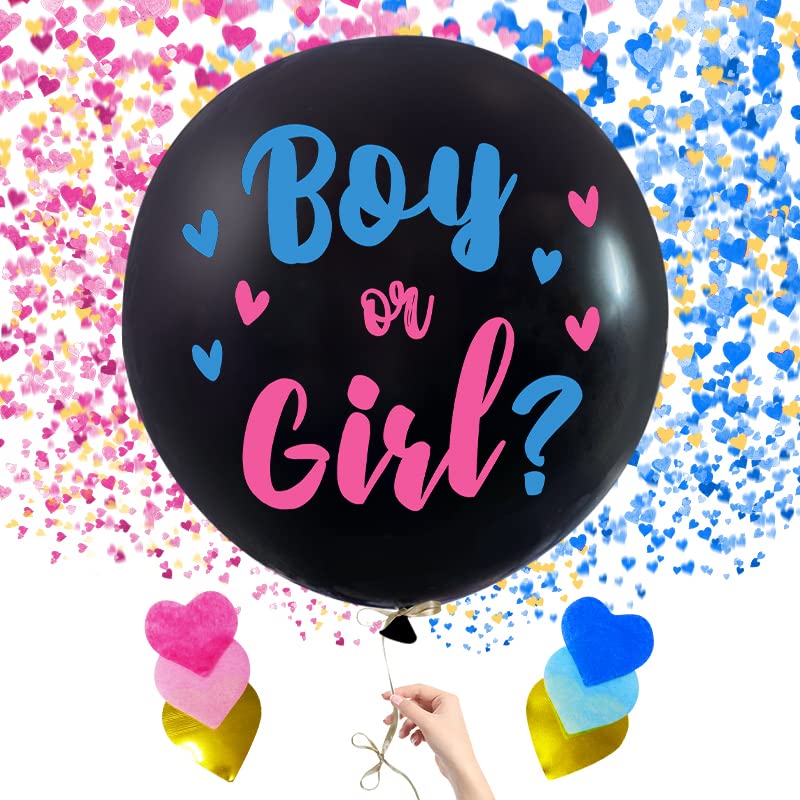 5Pc Premium Jumbo 36 Inch Baby Gender Reveal Balloon Kit | Big Black Balloons with Pink and Blue Heart Shape Confetti | Baby Shower Party Supplies Pack, Gender Reveal Decorations for Boy or Girl