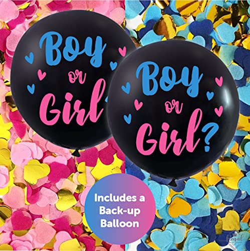 5Pc Premium Jumbo 36 Inch Baby Gender Reveal Balloon Kit | Big Black Balloons with Pink and Blue Heart Shape Confetti | Baby Shower Party Supplies Pack, Gender Reveal Decorations for Boy or Girl