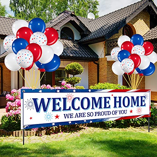 36 Pieces Welcome Home Banner Decoration Set, Large Fabric We Are So Proud of You Yard Sign with 35 Pieces Latex Balloons for Deployment Returning Party Supplies Military Army Homecoming (Star Style)