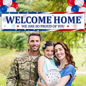 36 Pieces Welcome Home Banner Decoration Set, Large Fabric We Are So Proud of You Yard Sign with 35 Pieces Latex Balloons for Deployment Returning Party Supplies Military Army Homecoming (Star Style)