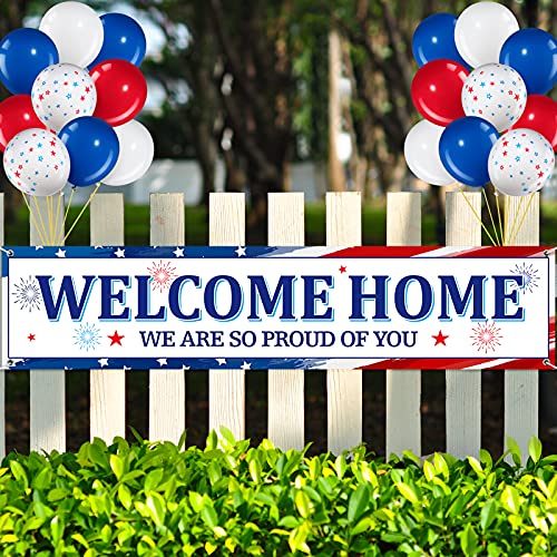 36 Pieces Welcome Home Banner Decoration Set, Large Fabric We Are So Proud of You Yard Sign with 35 Pieces Latex Balloons for Deployment Returning Party Supplies Military Army Homecoming (Star Style)
