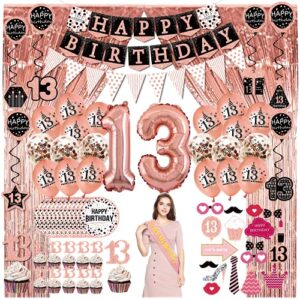 13th birthday decorations for girls – (76pack) rose gold party banner, pennant, hanging swirl, birthday balloons, foil backdrops, cupcake topper, plates, photo props,sash,13th birthday gifts