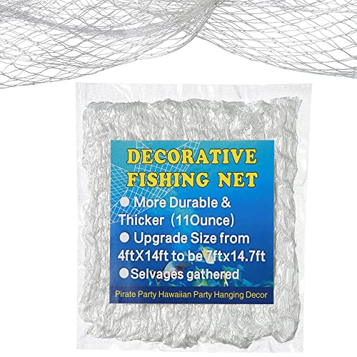 SHOUWAN Decoration Fishing Net 7ft ×14.7ft for Pirate,Hawaiian Nautical Ocean Mediterranean Party Wall Hanging Natural White Fishnet Decor Table Decorative Netting Living Room Decorar Fish Net