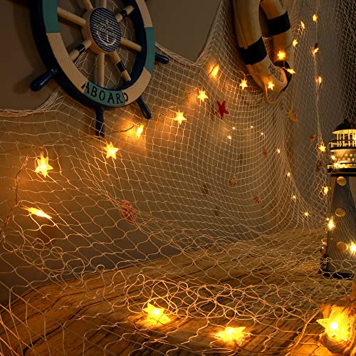 SHOUWAN Decoration Fishing Net 7ft ×14.7ft for Pirate,Hawaiian Nautical Ocean Mediterranean Party Wall Hanging Natural White Fishnet Decor Table Decorative Netting Living Room Decorar Fish Net