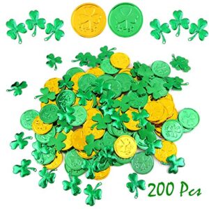 fepito 200pcs st.patrick’s day shamrock coins table confetti decorations, st.patrick shamrocks green & gold lucky clover shamrock plastic coins for st.patricks day decoration party favors