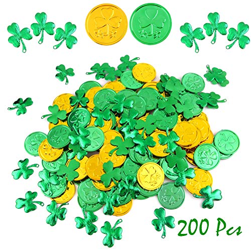 FEPITO 200PCS St.Patrick's Day Shamrock Coins Table Confetti Decorations, St.Patrick Shamrocks Green & Gold Lucky Clover Shamrock Plastic Coins for St.Patricks Day Decoration Party Favors