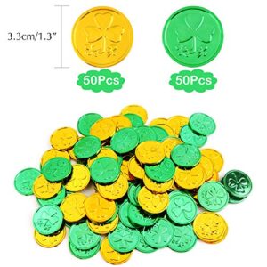 FEPITO 200PCS St.Patrick's Day Shamrock Coins Table Confetti Decorations, St.Patrick Shamrocks Green & Gold Lucky Clover Shamrock Plastic Coins for St.Patricks Day Decoration Party Favors