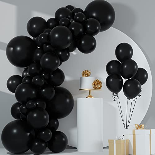 FEPITO Black Balloons Garland Kit 84 Pcs Matte Black Balloon Different Sizes Pack 18 12 10 5 Inch Black Party Balloons for Birthday Anniversary Bachelorette Graduation Black Party Decorations