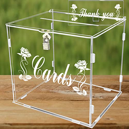 FCDECOR Acrylic Wedding Card Box with Lock, Clear Card Boxes for Wedding Reception Money Holder with Card Sign for Wedding Decorations, Baby Showers, Birthdays, Bridal or Graduation Party Supplies