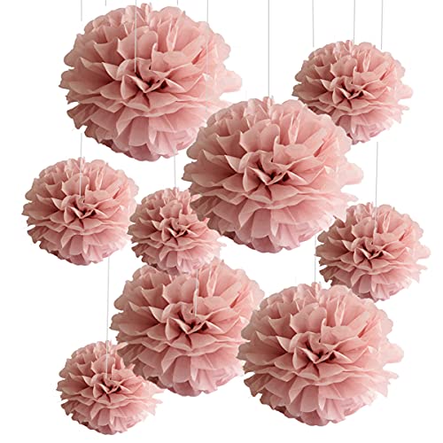 Set of 9 Dusty Rose Mauve Pink Tissue Pom Poms Paper Flowers Wall Backdrop Centerpieces for Wedding Nursery Baby Shower Hanging Decoration