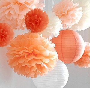 life glow 12pcs pom poms of 10″ 12″ 14″ tissue paper craft pom poms kit tissue paper flowers wedding decorations for wedding, birthday, baby shower, nursery decor-orange